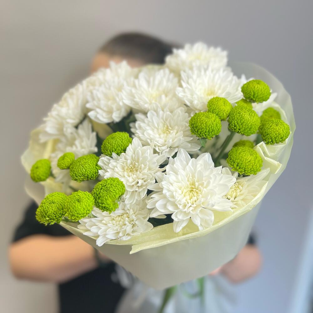 Эксклюзивный букет «Филин Грин» – сочетание белых и зеленых хризантем Нефтегорск Челябинская область