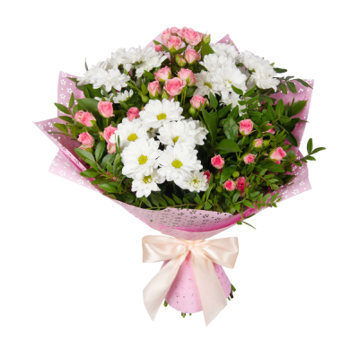 Букет «Волшебный сад» – гармония кустовых роз и белоснежных хризантем Нефтегорск Челябинская область