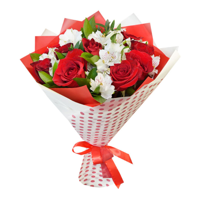 Букет из красных роз и белоснежных альстромерий – гармония страсти и нежности Нефтегорск Челябинская область