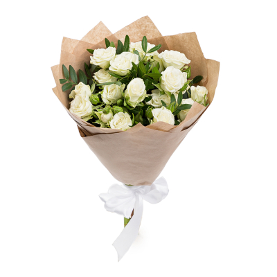 Изысканный букет из 5 белых кустовых роз с фисташковой зеленью Нефтегорск Челябинская область