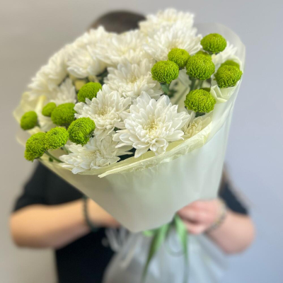 Эксклюзивный букет «Филин Грин» – сочетание белых и зеленых хризантем Нефтегорск Челябинская область
