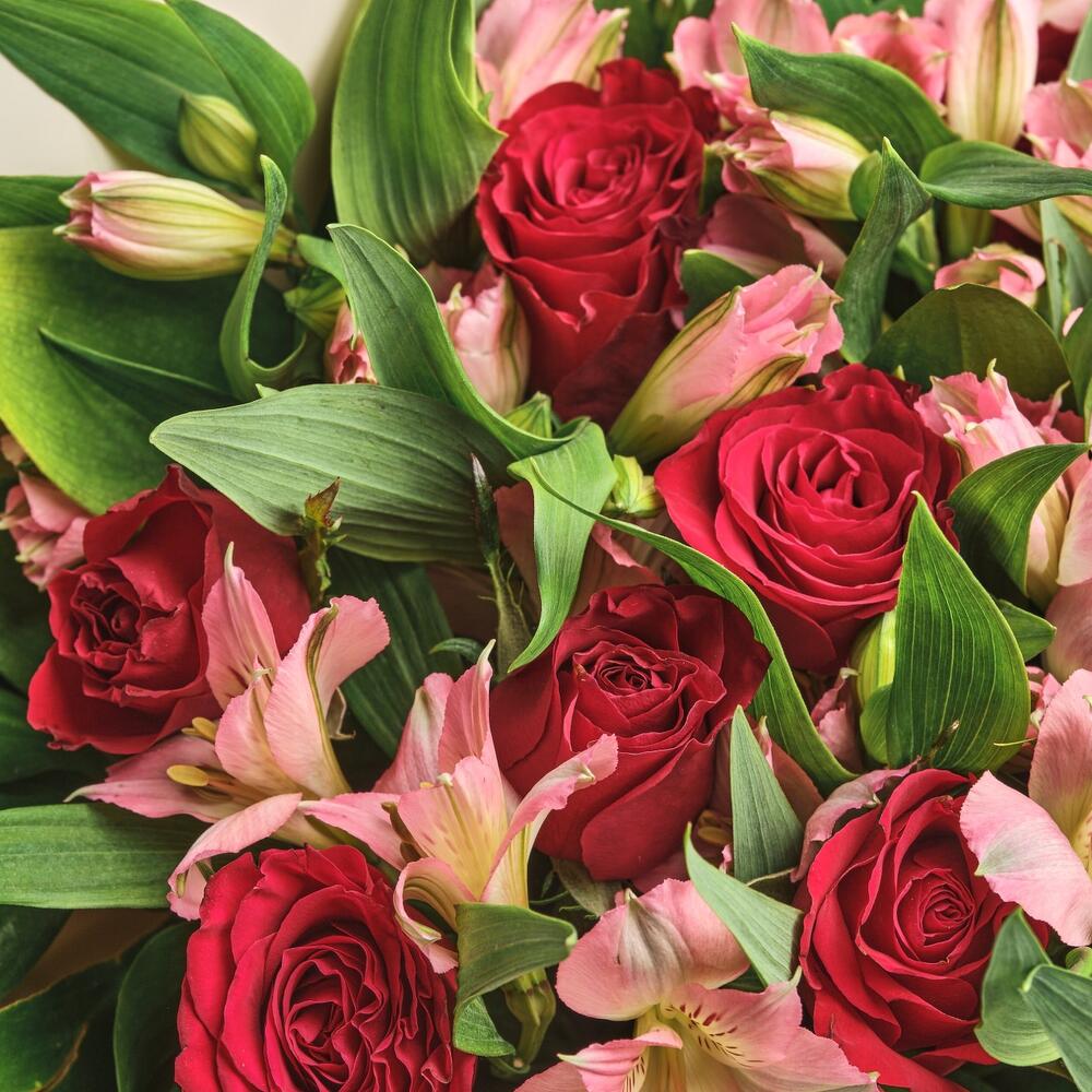 Букет «Нежность слов» — гармония красных роз и нежных альстромерий Нефтегорск Челябинская область