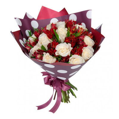 Букет из белых роз и красных альстромерий – гармония страсти и чистоты Нефтегорск Челябинская область