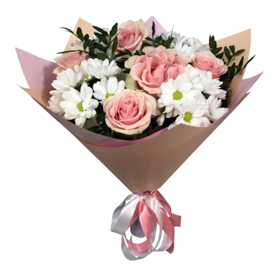 Букет из розовых роз и хризантем – нежность и долговечность Нефтегорск Челябинская область