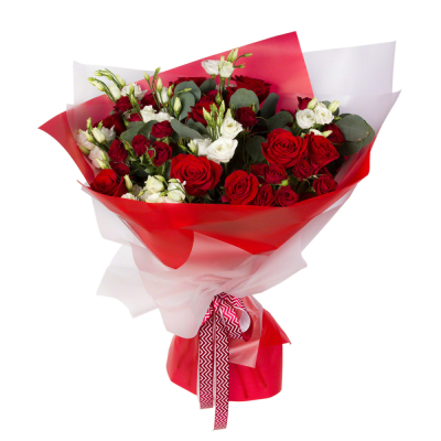 Контрастный букет «Рандеву» – красные розы и белые эустомы Нефтегорск Челябинская область